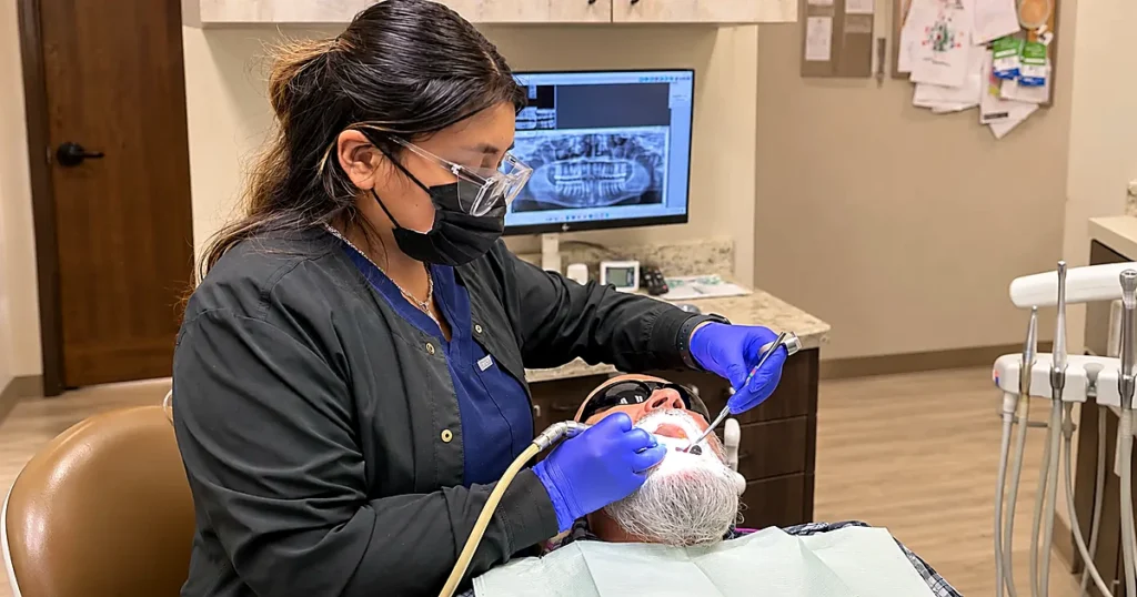 Garden Valley Dentistry's dentist is performing the exam and cleaning services for the patient
