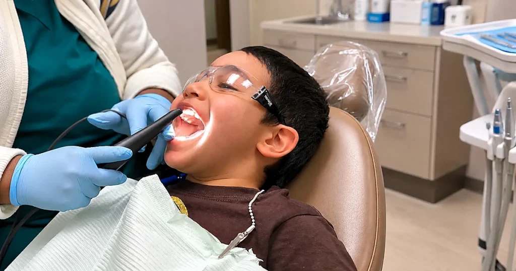 Laser dentistry is being performed by Dr. Rhea Antolin on a patient