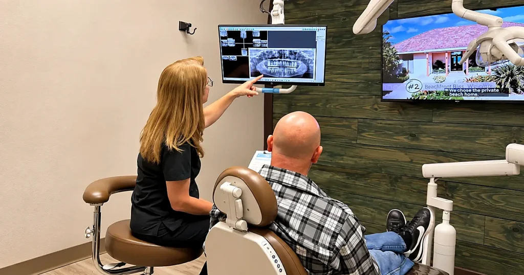 Garden Valley Dental Assistant is showing the patient through a dental x-ray which tooth will be treated via root canal therapy