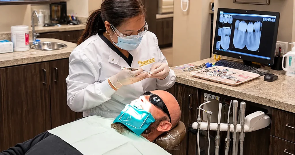 Dr. Rhea Antolin is performing a tooth colored fillings and crown procedure on the patient
